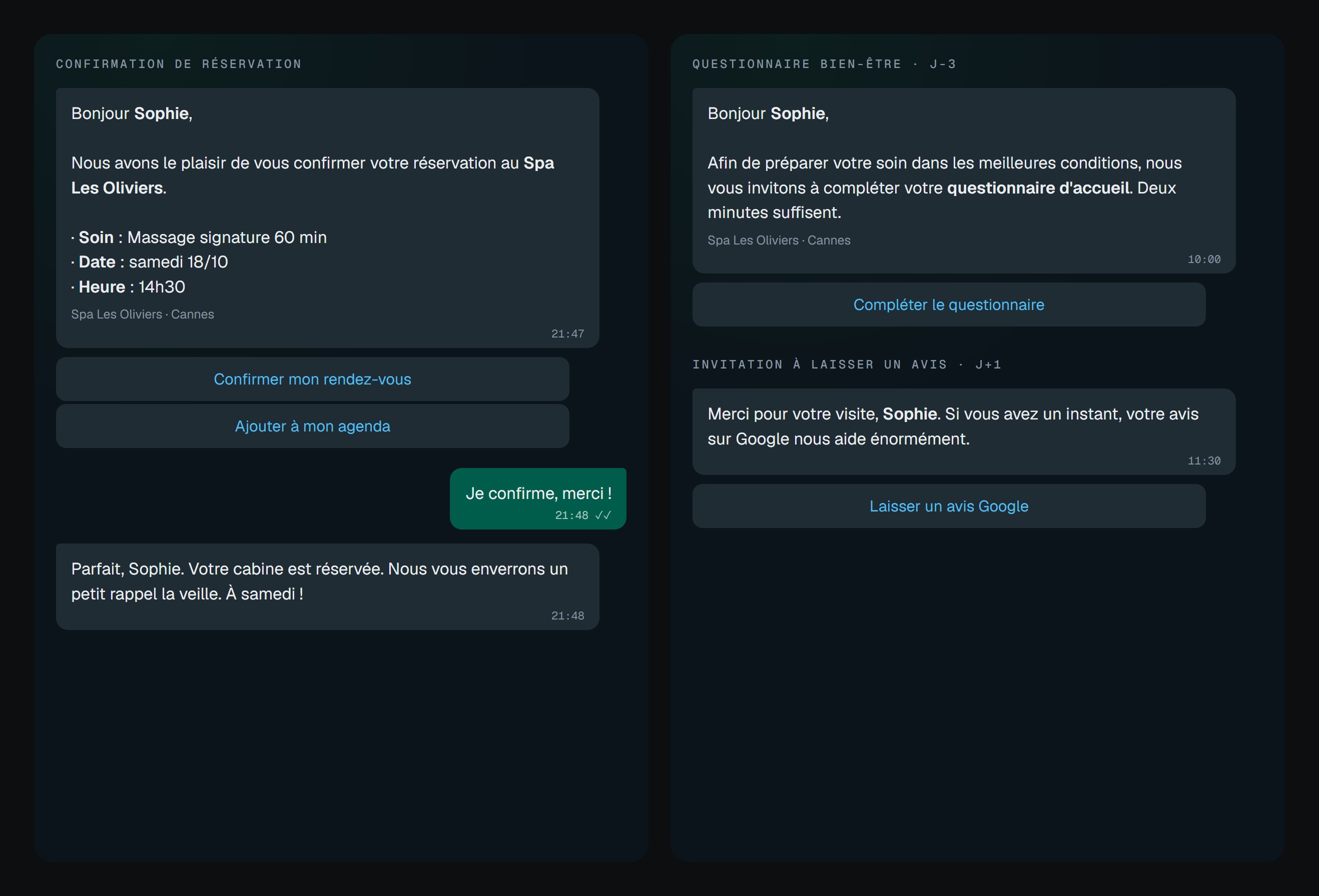 Messages WhatsApp automatiques : confirmation, questionnaire, rappel, enquête